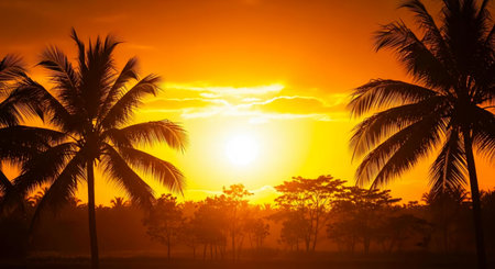 Silhouette coconut tree on the field with sunset and sunrise backgroundの素材