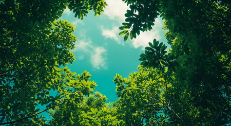 Tropical forest with green leaves and blue sky. Nature backgroundの素材