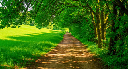 Road in the green forest. Spring landscape. Panoramic view.の素材