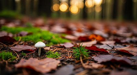 Mushroom on the ground in the forest with autumn leaves.の素材