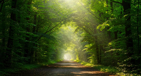 Road in the green forest with sunbeams and rays of lightの素材