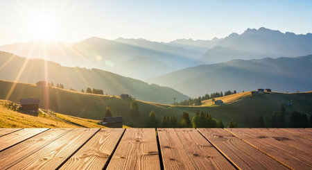 Wooden floor against beautiful sunrise over the mountains in the Dolomitesの素材