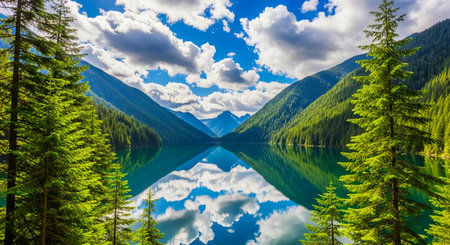 Beautiful alpine landscape with mountain lake and coniferous forestの素材