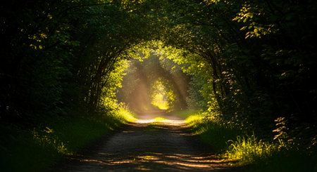 A tunnel in the middle of the forest illuminated by the rays of the sunの素材