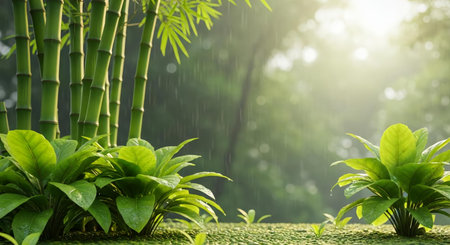 Bamboo garden with rain drop and sunlight in the morning, stock photoの素材