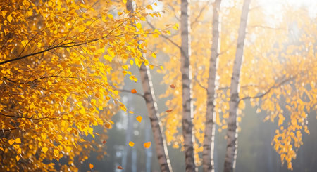 Beautiful autumn landscape with golden birch trees in the morning fogの素材