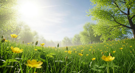 Spring meadow with yellow flowers and green grass under blue sunny skyの素材