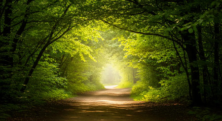 Sunlight in the green forest with a path leading to the sunの素材