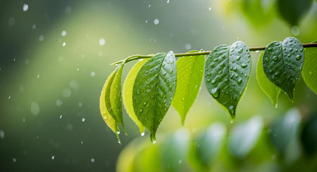 Rain drops on green leaves with bokeh background, nature backgroundの素材