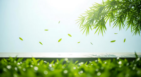 Green leaves on white wood table with blue sky background, stock photoの素材
