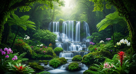 Beautiful waterfall in the forest. Natural landscape for your design.の素材