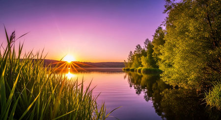 Beautiful sunset over the lake with reflection in water. Colorful summer landscape.の素材