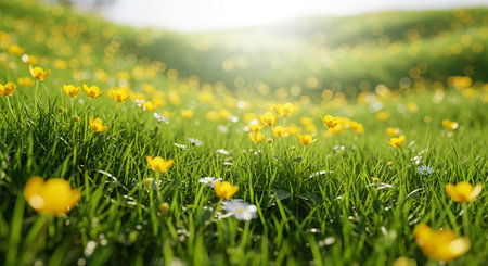 Spring meadow with yellow buttercups and green grass on a sunny dayの素材