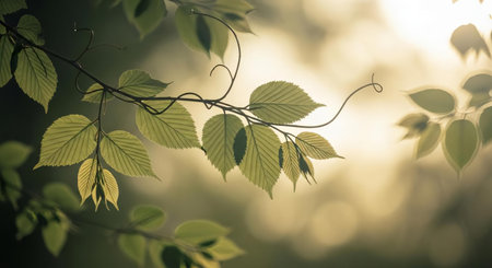 Green leaves background in sunny day with bokeh and sunbeamsの素材