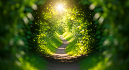Rows of trees in a tunnel of green leaves in the sunlightの素材