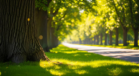 Beautiful summer alley in the park with green grass and tree.の素材