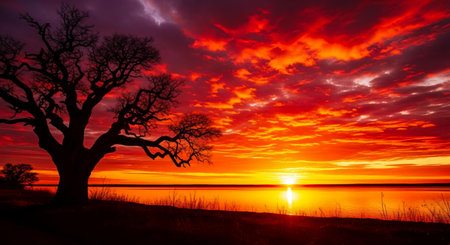 Beautiful sunset over a lake with a silhouette of a tree.の素材