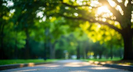 Blurred background of green park with bokeh and sun lightの素材