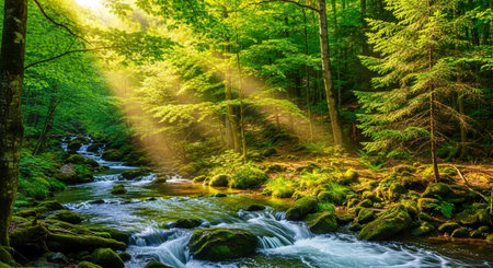Mountain stream in the forest with sunbeams and green foliageの素材