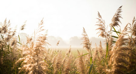 Reed in a foggy field at sunrise. Landscape.の素材