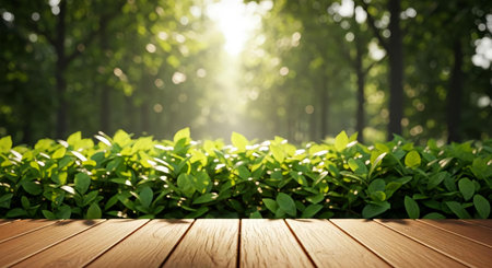 Wooden table in front of green forest with bokeh backgroundの素材