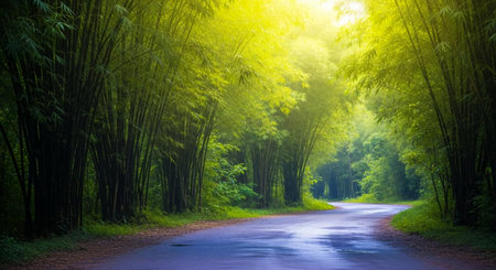 Bamboo forest and road in the morning. Beautiful nature background.の素材