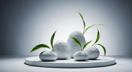 Easter composition with white stones and green leaves. 3D renderingの素材