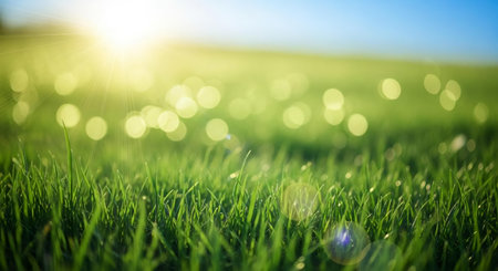 Green grass with sunlight and bokeh effect. Natural background.の素材