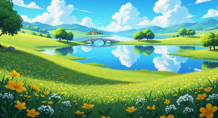 Beautiful spring landscape with lake and meadow. Vector illustration.の素材