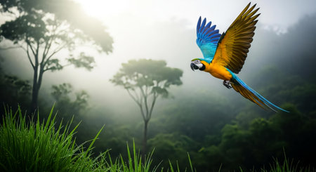 Blue and gold macaw flying in the jungle. 3d renderingの素材