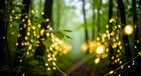 green forest with lights and bokeh - vintage effect style picturesの素材