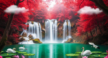Beautiful waterfall in deep forest with white swans and red leavesの素材