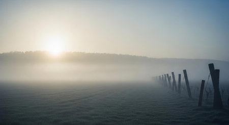 Foggy landscape with wooden posts in the foreground, at sunriseの素材