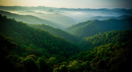 Beautiful sunrise in the mountains with foggy and misty forestの素材