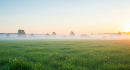 Sunrise over a meadow in summer with fog and trees in the backgroundの素材