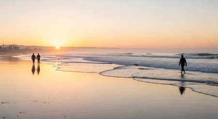 Silhouette of two people walking on the beach at sunset.の素材
