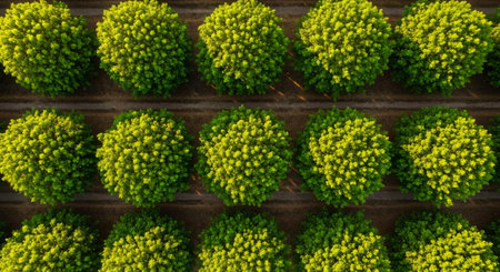 Aerial view of green trees in a greenhouse. Top view.の素材