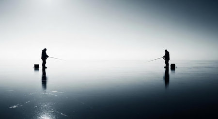 Silhouette of two fishermen fishing on a frozen lake in winterの素材