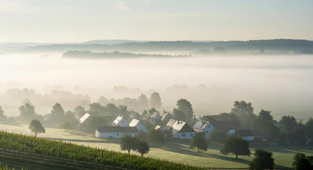 Misty morning in the countryside. Rural landscape with houses and trees.の素材