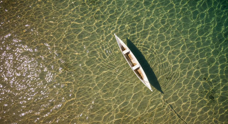 Aerial view of a small wooden boat in the middle of the seaの素材