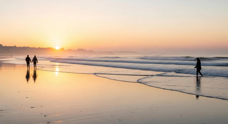 Silhouette of two people walking on the beach at sunrise.の素材
