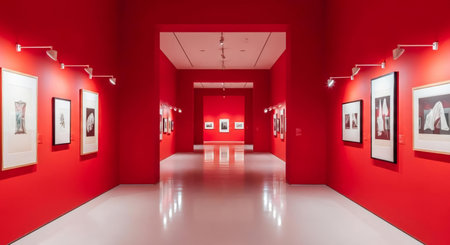 interior of modern art gallery with painting on the walls and floorの素材