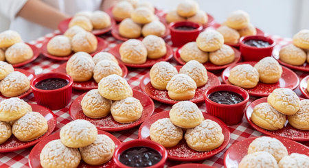 Close-up of a pile of profiteroles on a red plateの素材