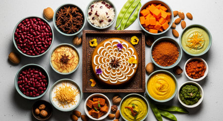 Rangoli or Rangoli made using Assorted Indian sweets, served in a bowl. selective focusの素材
