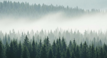 Foggy morning in the coniferous forest. Panoramaの素材