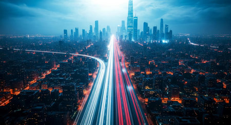Aerial view of modern city at night with car light trails.の素材