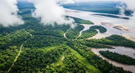 Aerial view of mangrove forest and river in the morningの素材