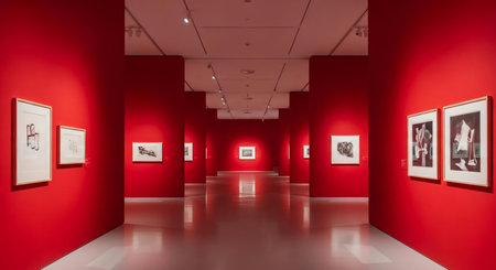 Empty red gallery interior with paintings on the wall, 3D renderingの素材