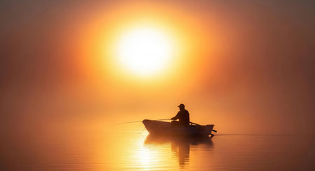 Fisherman in a boat on a lake in the morning.の素材
