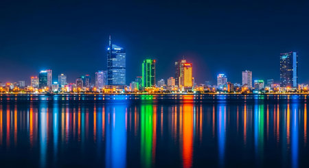 Shanghai cityscape at night with reflection in Huangpu riverの素材